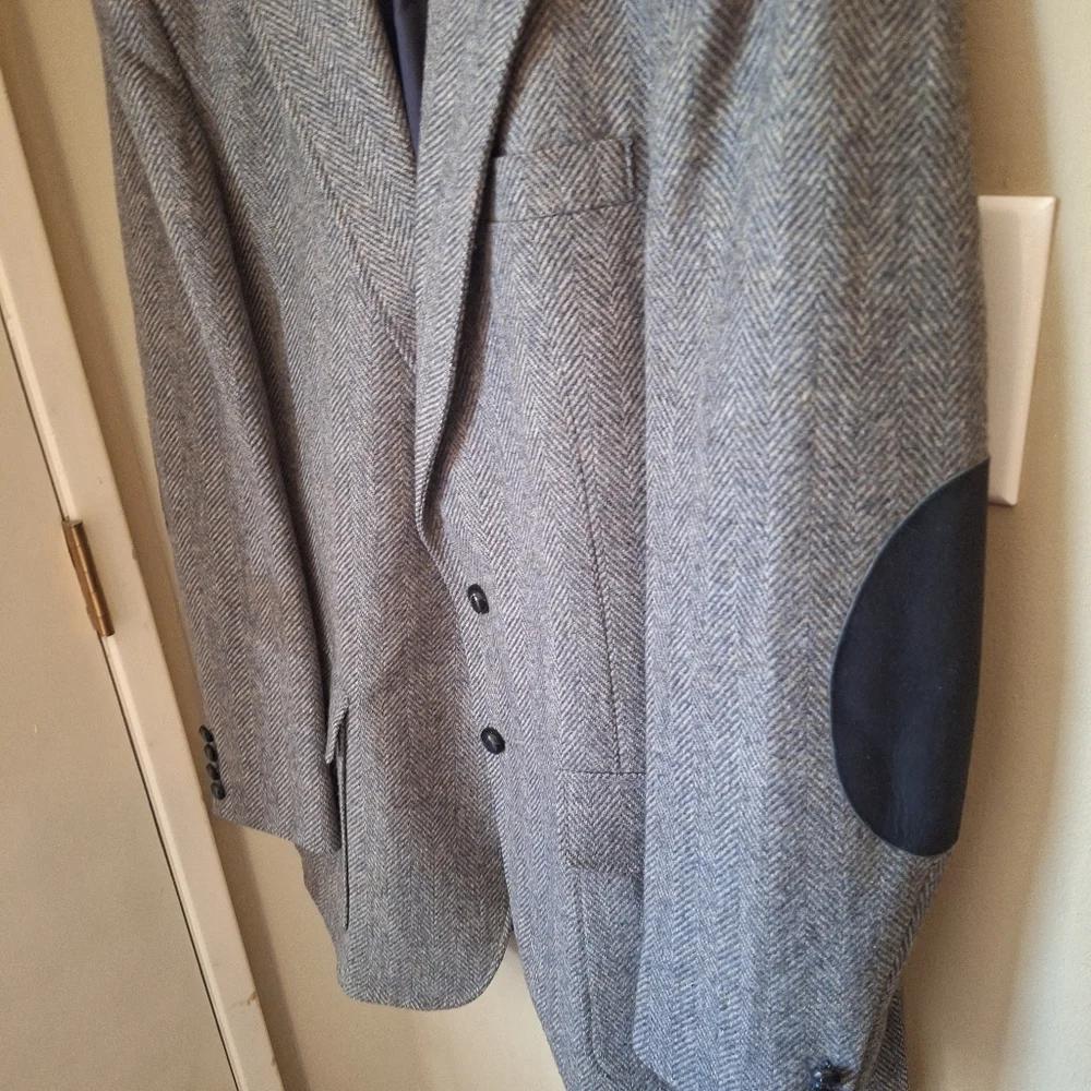 Vintage Gray Wool Herringbone Suit Coat Blazer with Elbow Patches 44 L